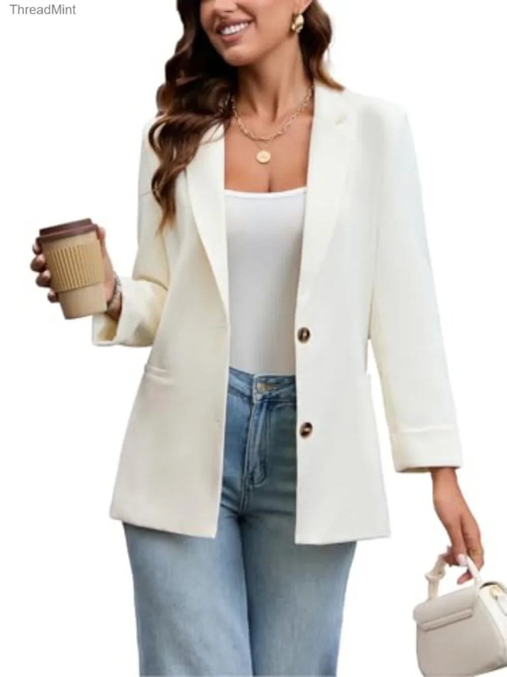Women Business Casual Blazer 9/10 Sleeve Work Office Jacket with Pockets